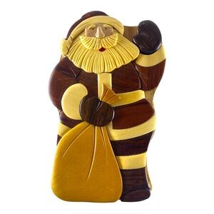 Vintage Hand Carved Wooden Santa Claus Puzzle Trinket Box Hidden Compartment